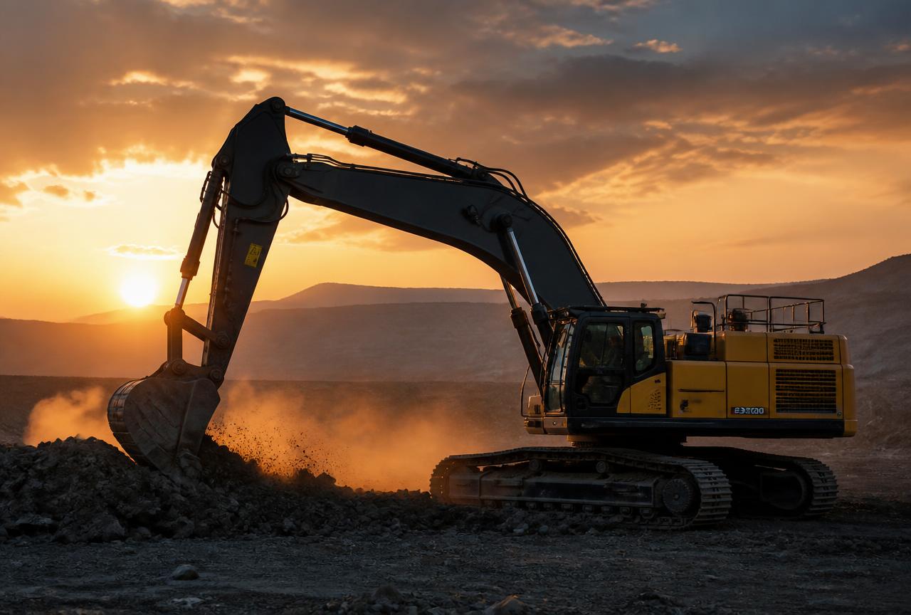 Excavator working at a mine site with boom and arm joints under load