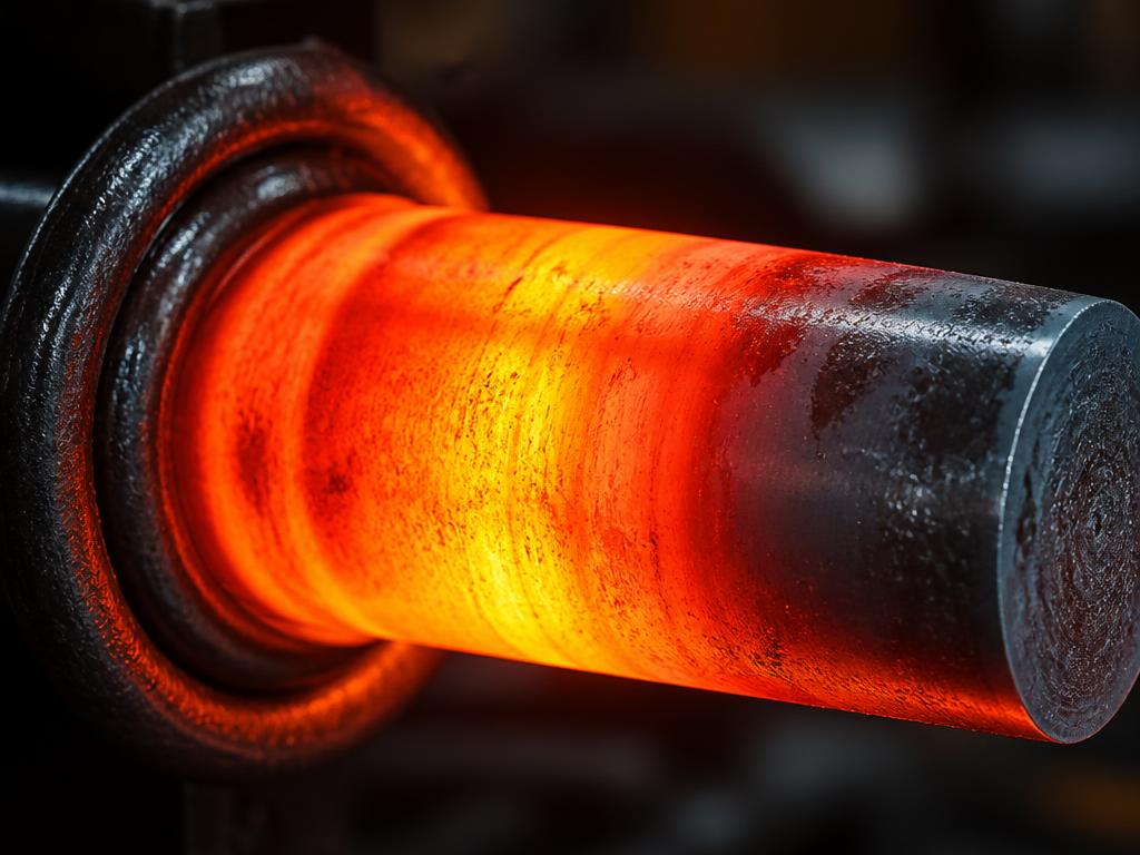 Induction hardening of a steel pin glowing orange